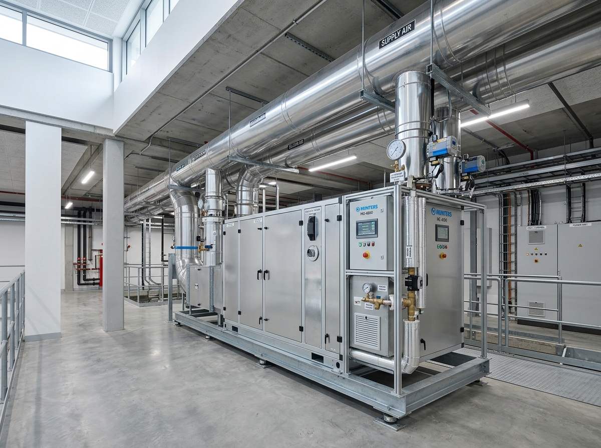 Technical commercial dehumidifier plant room installation with precision ductwork