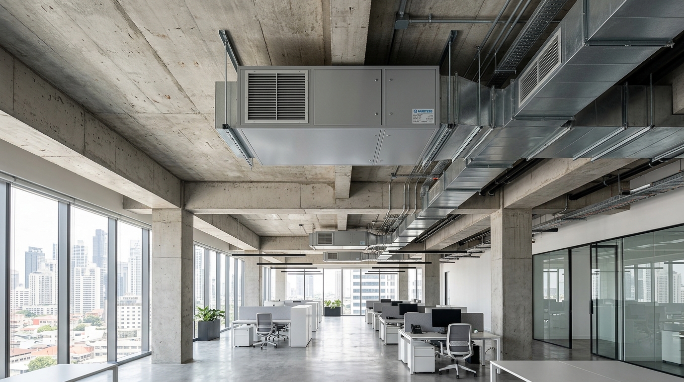 Modern commercial office interior with ceiling-mounted commercial dehumidification system