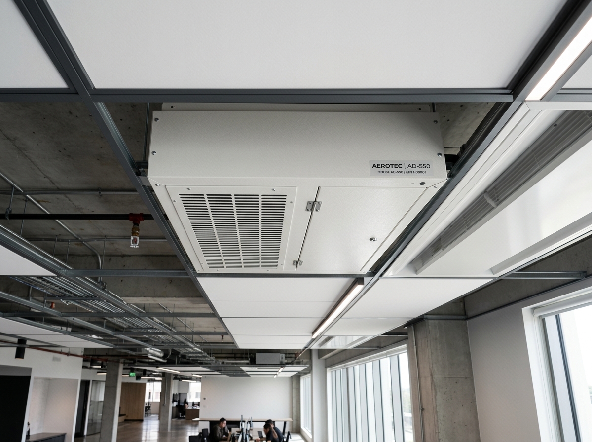 Ceiling-mounted commercial dehumidifier unit installed in acoustic ceiling grid