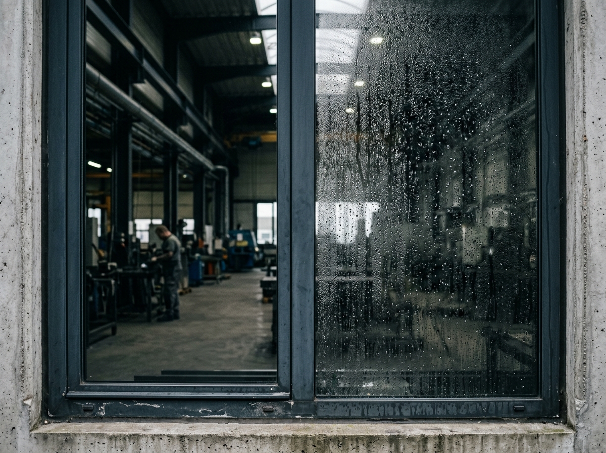 Moisture condensation glistening on industrial window overlooking machinery floor
